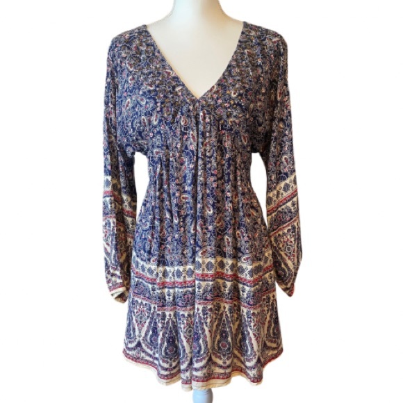 NWT En Créme Boho Peasant Dress | Navy Paisley Design + Beaded V-Neck (S) - Picture 12 of 14
